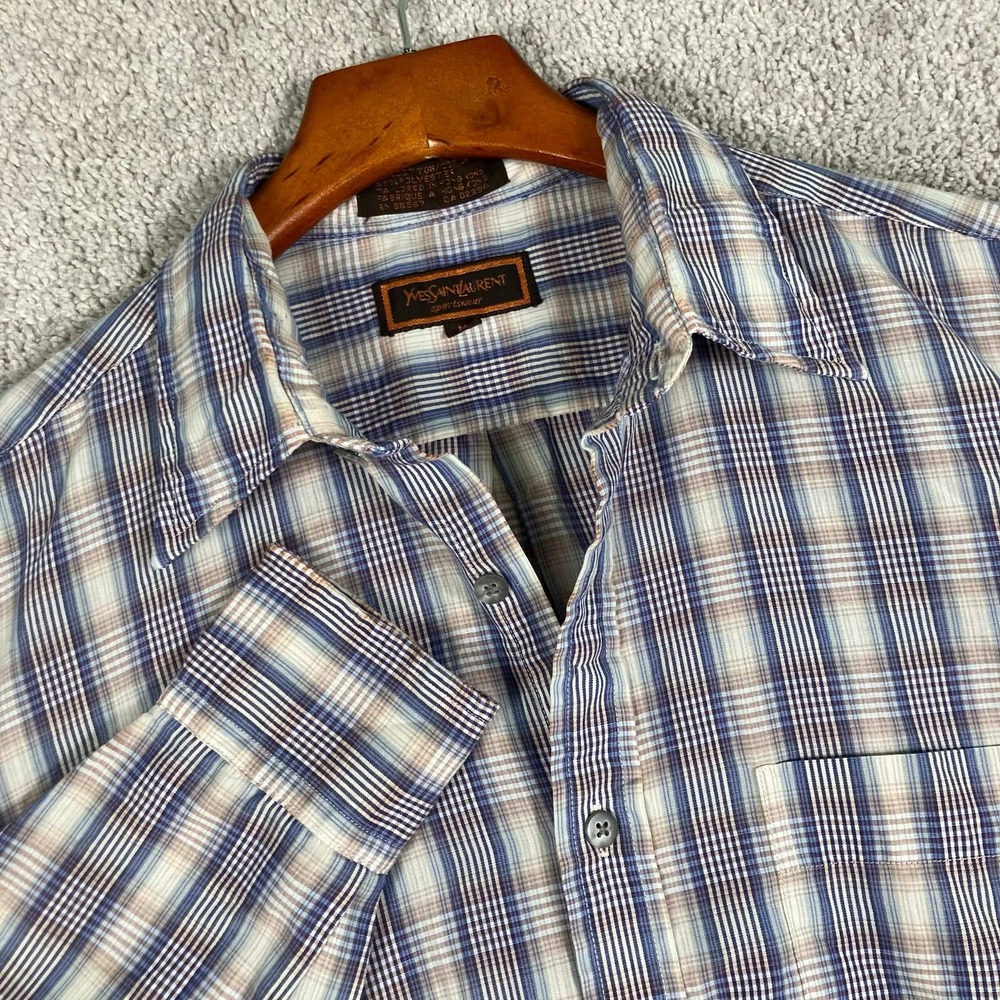Vintage Yves Saint Laurent Button Up Shirt Mens Medium Blue Plaid Long Sleeve
